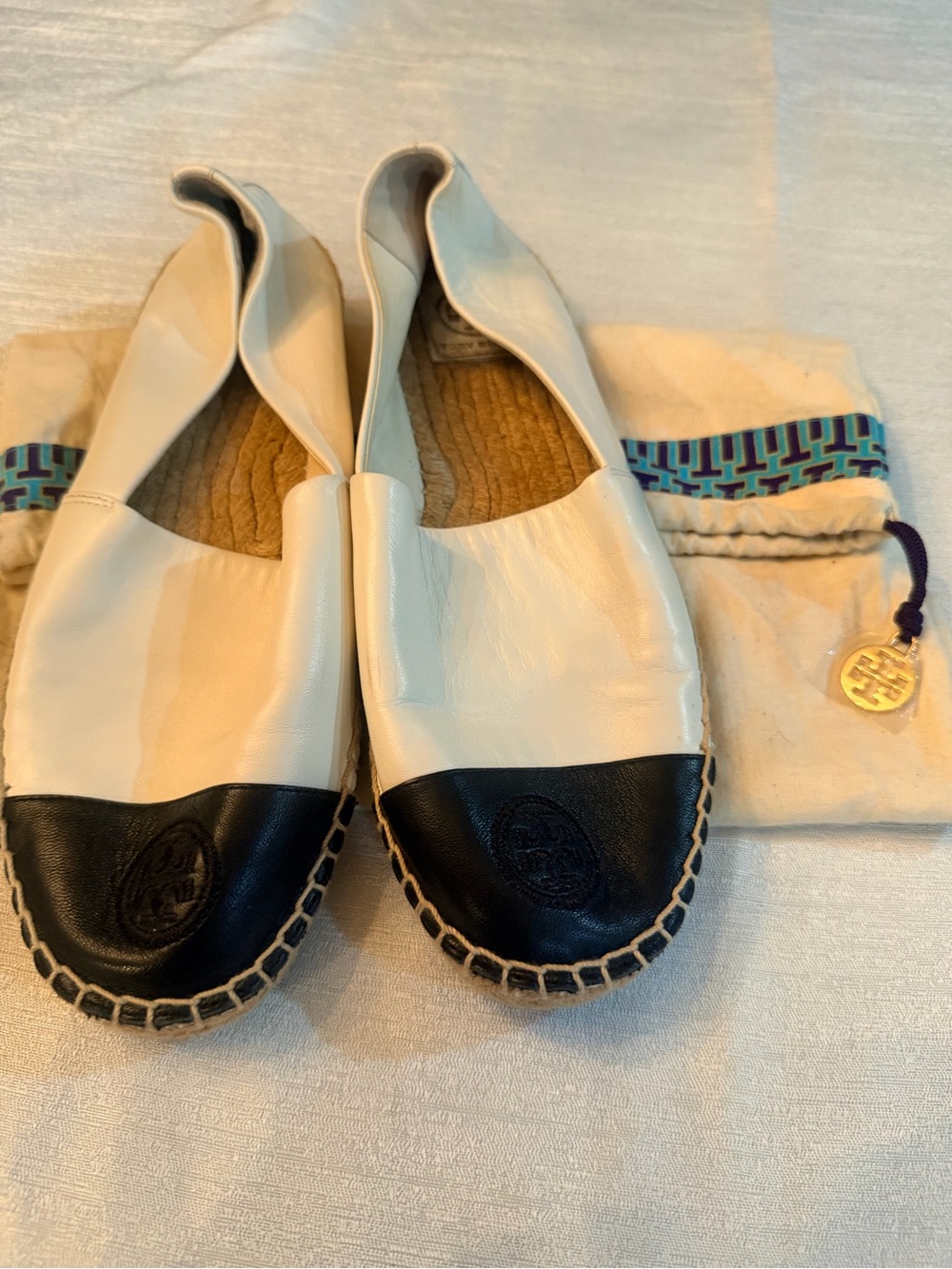 Tory Burch Two-Tone Leather Espadrille Flats in Cream and Black